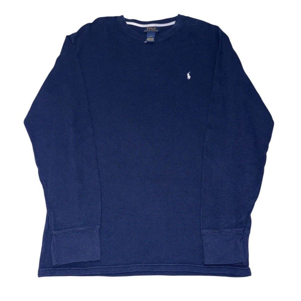 Polo Ralph Lauren Shirt Mens Large Blue Waffle Knit Thermal Crewneck Long Sleeve